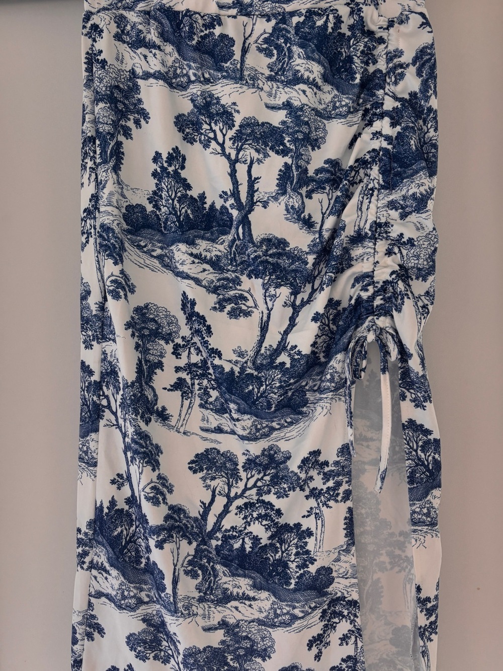 SHEIN Blue & White Toile Print Midi Skirt with Side Tie Detail